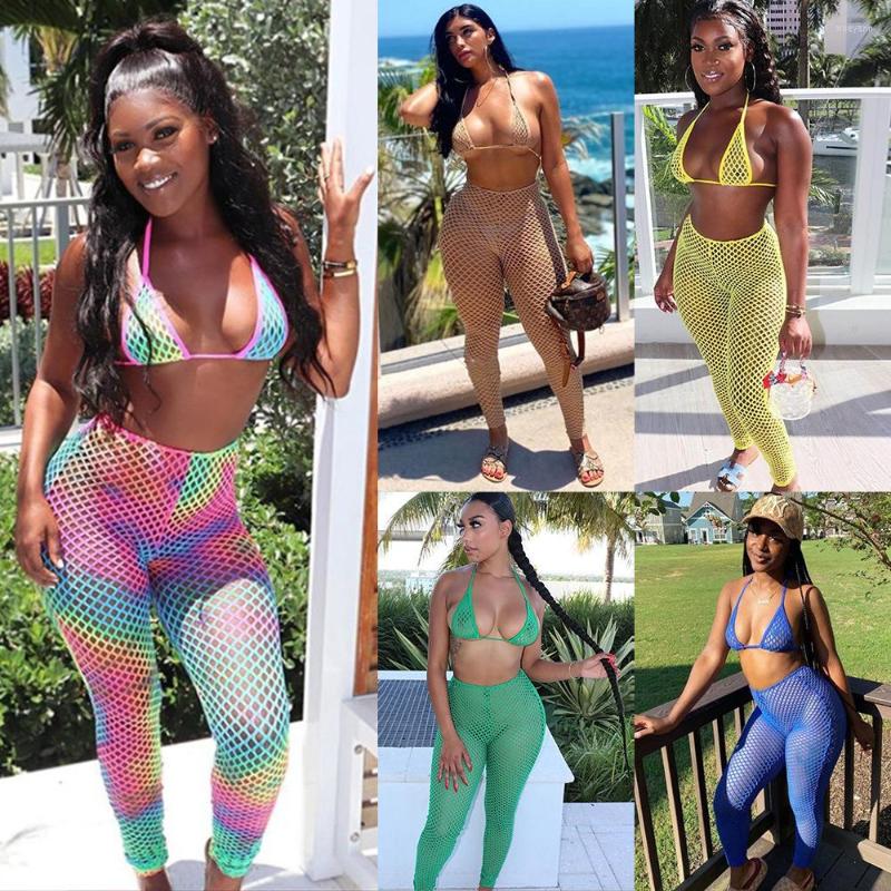 

Women' Two Piece Pants Sexy Bra Fishnet 2 Pieces Sets Summer Beach Wear Women Halter Bandage Top And Long Skinny See Through Club Outfits, Green
