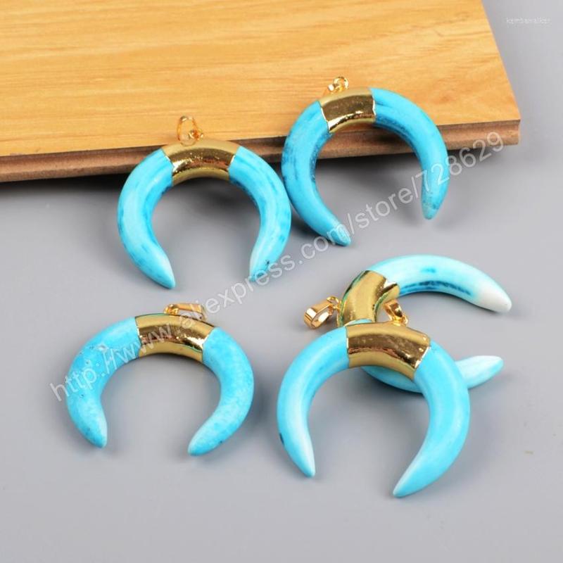 

Pendant Necklaces BOROSA Gold Color Blue Howlite Stone Crescent Double Horn G1185