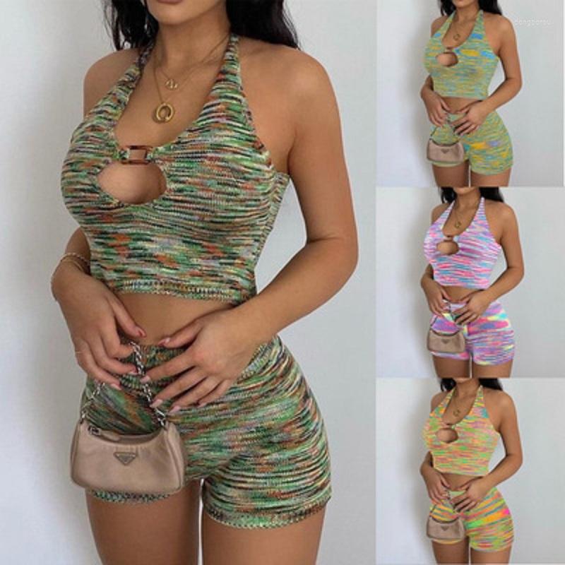 

Women' Tracksuits Two Piece Sweater Sets For Women Knitted Sleeveless Halter V-neck Tops And Elastic Waist Shorts Striped Clothing, Green