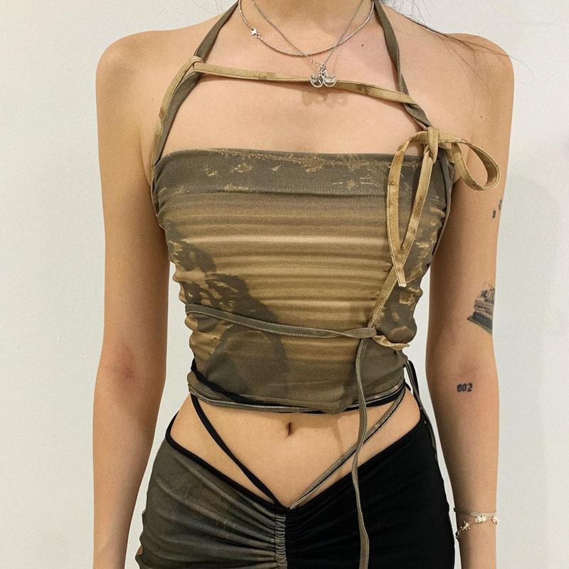 

Women' Tanks Women Tie Up Tube Tops Summer 2022 Punk Strapless Print Crop Top Tees Bustier Y2K Vest Camis Harajuku Female Clothing Yuqung, Army green