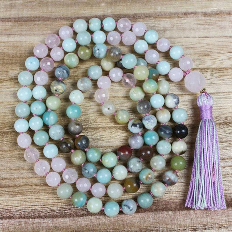 

Chains Amazonite Mala Beads 108 Rose Q-uartz Healing Stone Necklace Yoga Jewelry Meditation Spiritual Boho Natural