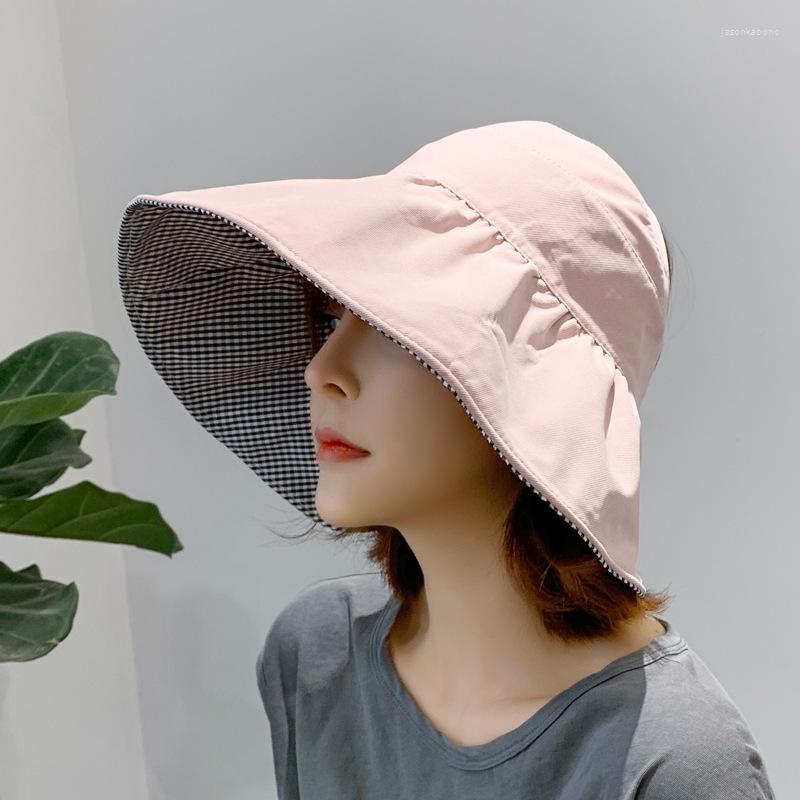 

Berets 2022 Female Korean Trendy Sunscreen Hat Big Brim UV Protection Beach Trip Empty Top Women Sun Hats Double Sided