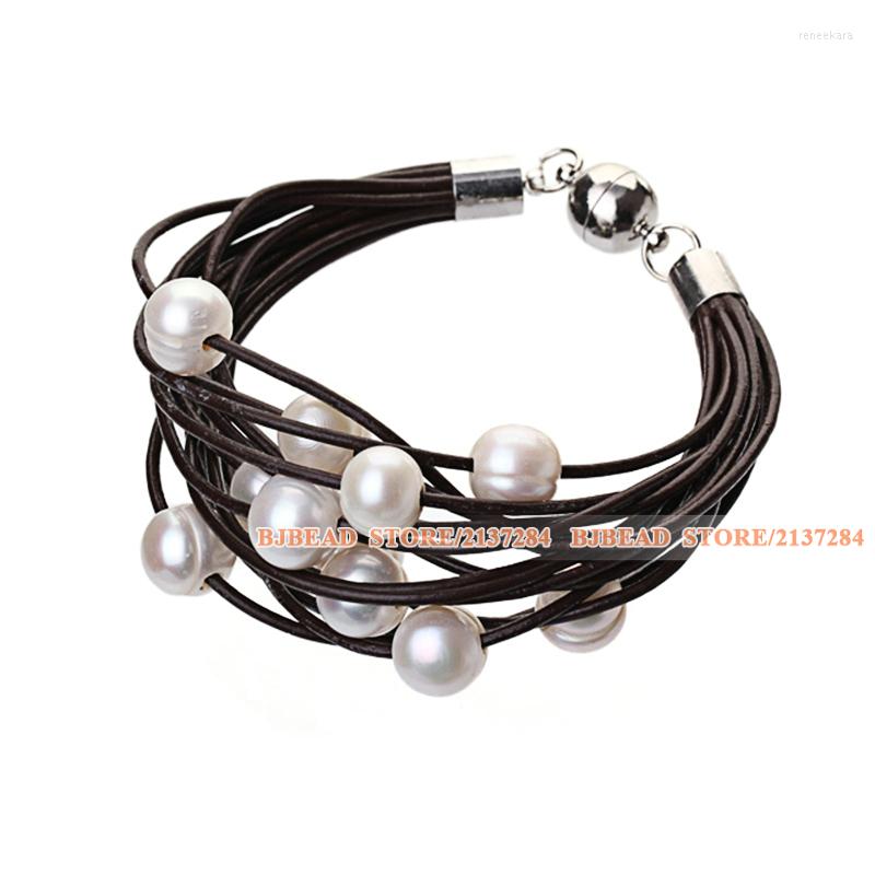 

Strand Fashion Multilayer 10-11mm Natural White Freshwater Pearl And Dark Brown Leather Bracelet With Metal Magnetic Clasp