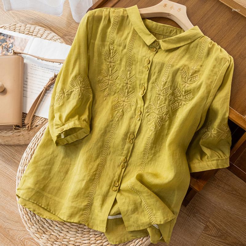 

Women's Blouses 2022 Summer Arts Style Women Short Sleeve Turn-down Collar Loose Shirts Vintage Embroidery Cotton Linen Blouse Tops C386, Blue