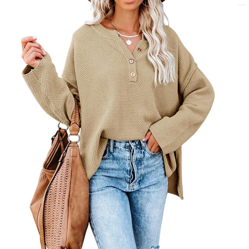 

Women' Sweaters Women Casual Adults Fashion Loose Solid Color Batwing Sleeve V-neck Button Knitted Tops Ladies Autumn Pullovers, Black