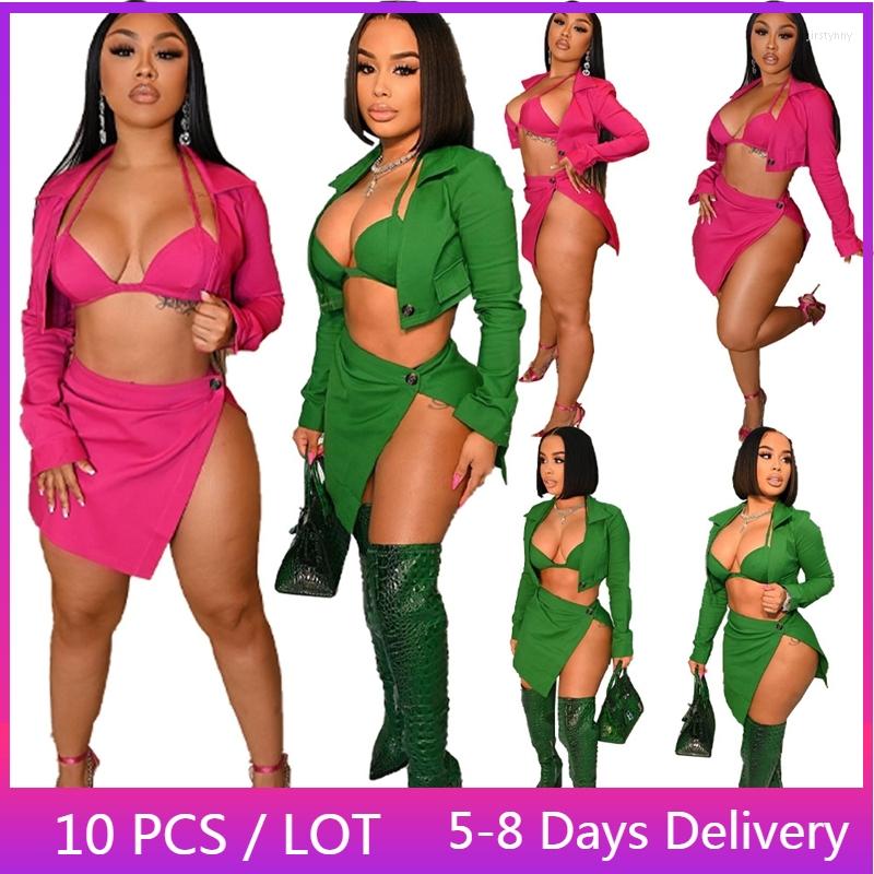 

Work Dresses Wholesale Items Autumn 3 Piece Set Women Clubwear Short Coat Bra Top And High Slit Mini Skirt Party Night Club Sexy Outfits, Green
