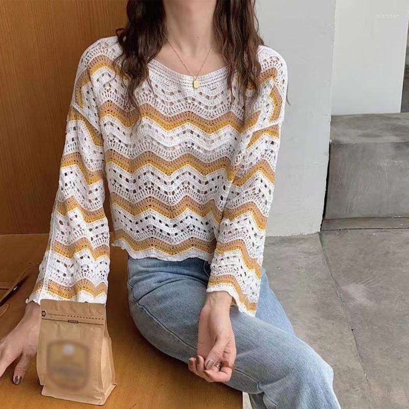 

Women's Sweaters Womens Hollow Out Flared Long Sleeve Shirts French Style Crochet Knitted Contrast Color Striped Casual Loose Sweater Top, Green