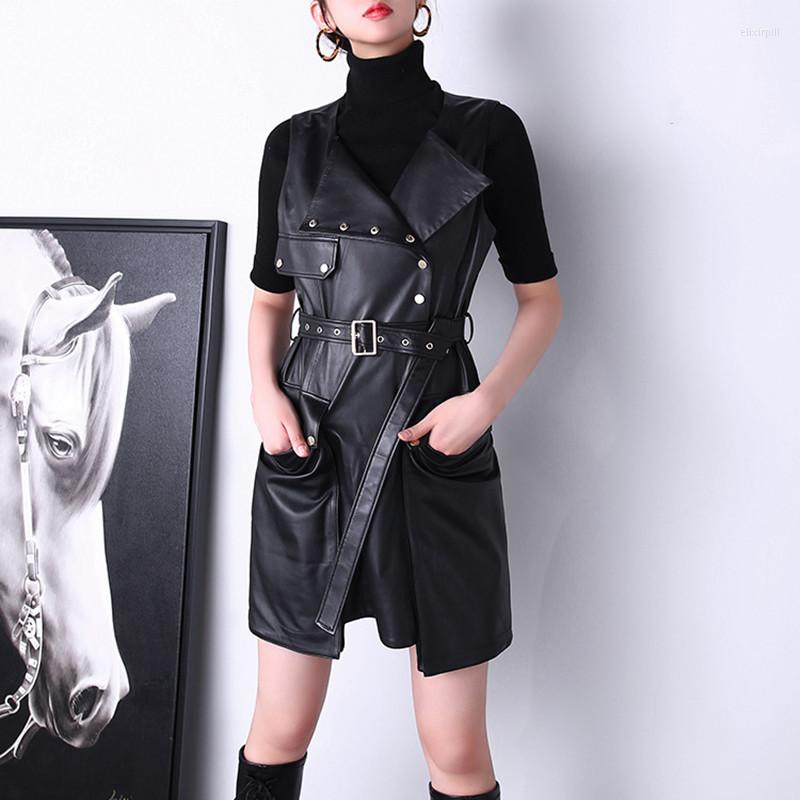 

Women's Leather Factory Autumn Arrival Women Motorcycle Casual Genuine Black Dress With Big Pocket