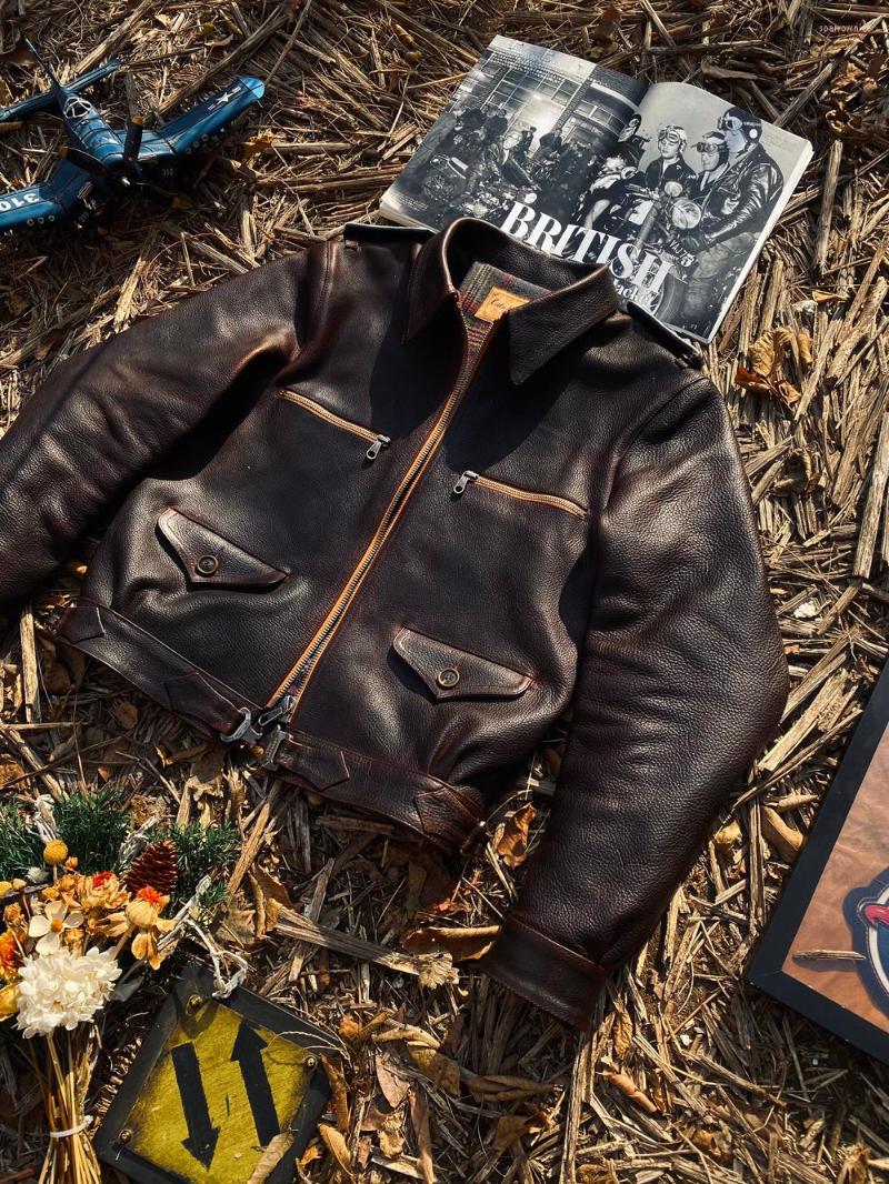 

Men's Jackets Tailor Brando 21-115 Italian Uncoated Vintage Varicolored Soft Waxed Cowhide RIRI Zipper Hartman Classic Pilot Leather Jacket, Black brown