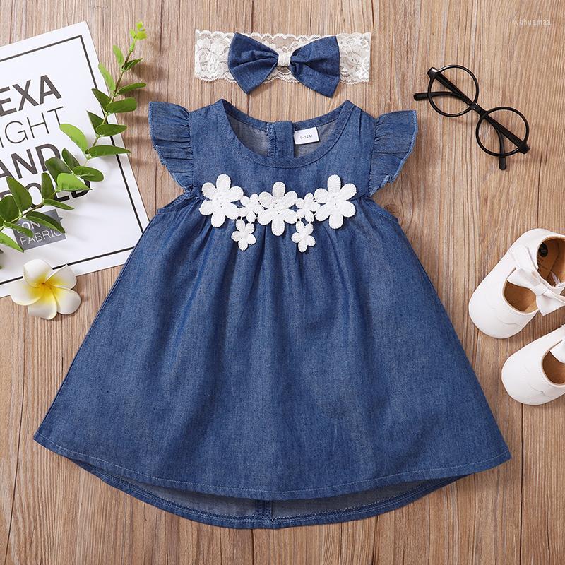 

Girl Dresses Baby Dress Headband Lace Flower Decoration Flying Sleeve Round Neck Back Zipper Denim, Picture shown