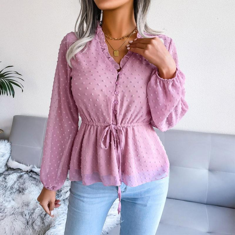 

Women' Blouses Fashion 2022 Women' Casual Long Sleeved Solid Colors Ruffle Blouse V-Neck Lace-Up Chiffon Elegant Ladies Tops Female, Pink