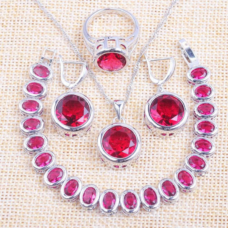 

Necklace Earrings Set 925 Sterling Women's With Bracelet And Ring Engagement Rose Red Crystal CZ Costume YZ0372, Picture shown