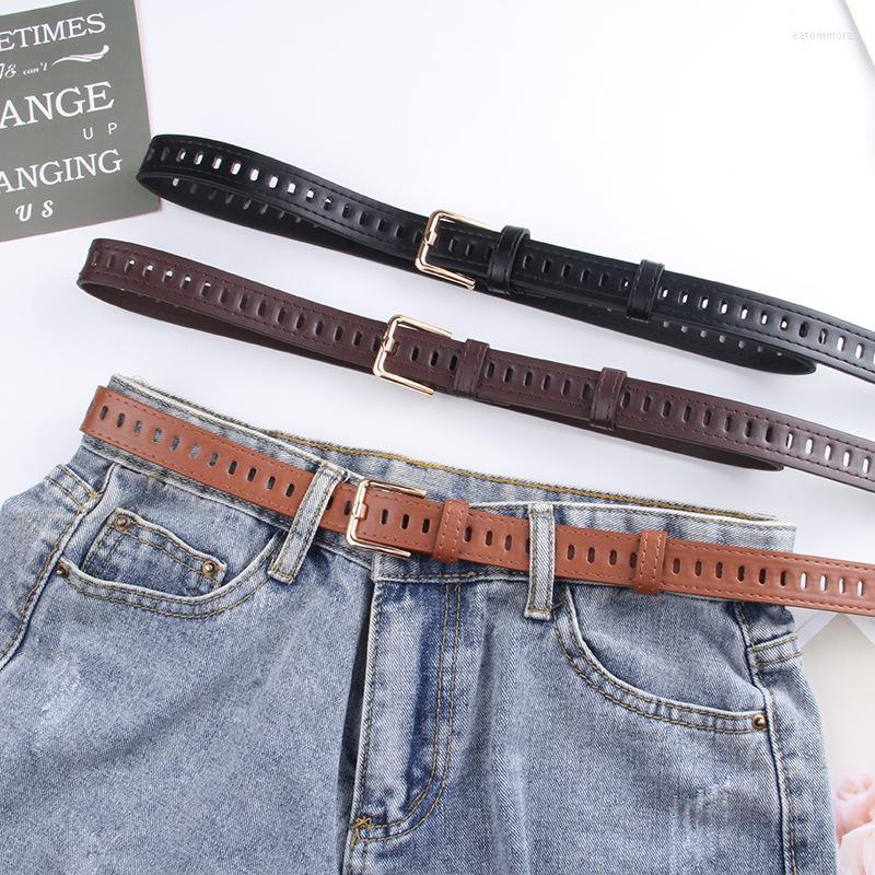 

Belts Women PU Leather Belt Full Hole Hollow Out Square Buckle For Girls Simple Retro Waistbelts Jeans Dress Thin Waistband, Black