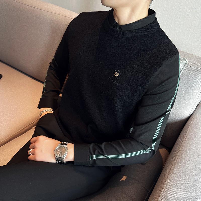 

Men's Sweaters Autumn Winter Casual Slim Sweater Men Fake Two-piece Lapel Knitted Pullovers All-match Business Clothing Splicing Knit Tops, Black