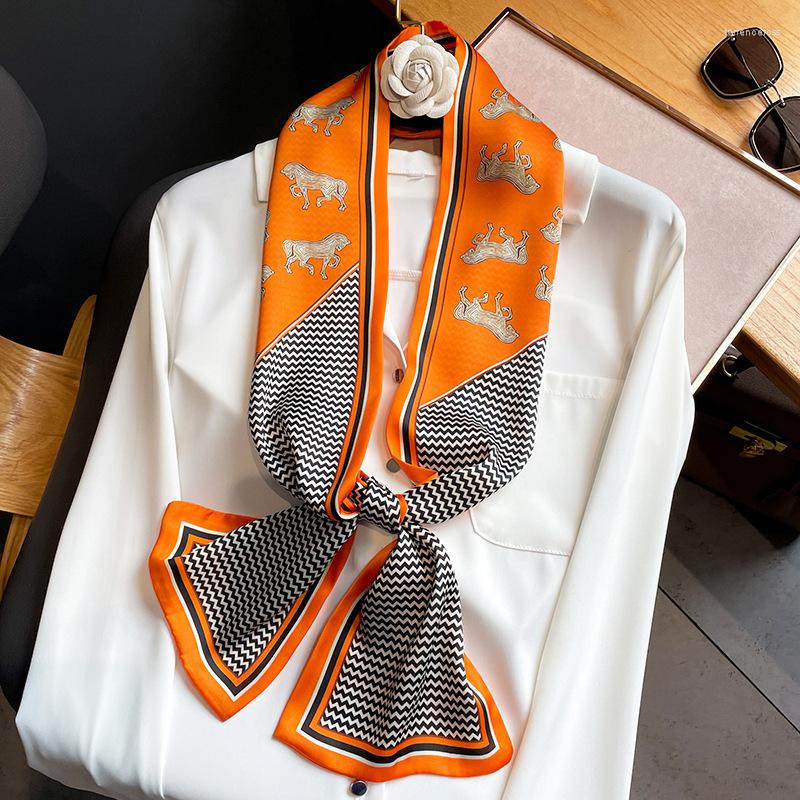 

Scarves 2022 Retro House Print Women Silk Scarf Ribbon Design Bag Neck Ties Hair Scarfs Foulard Skinny Neckerchief Headband