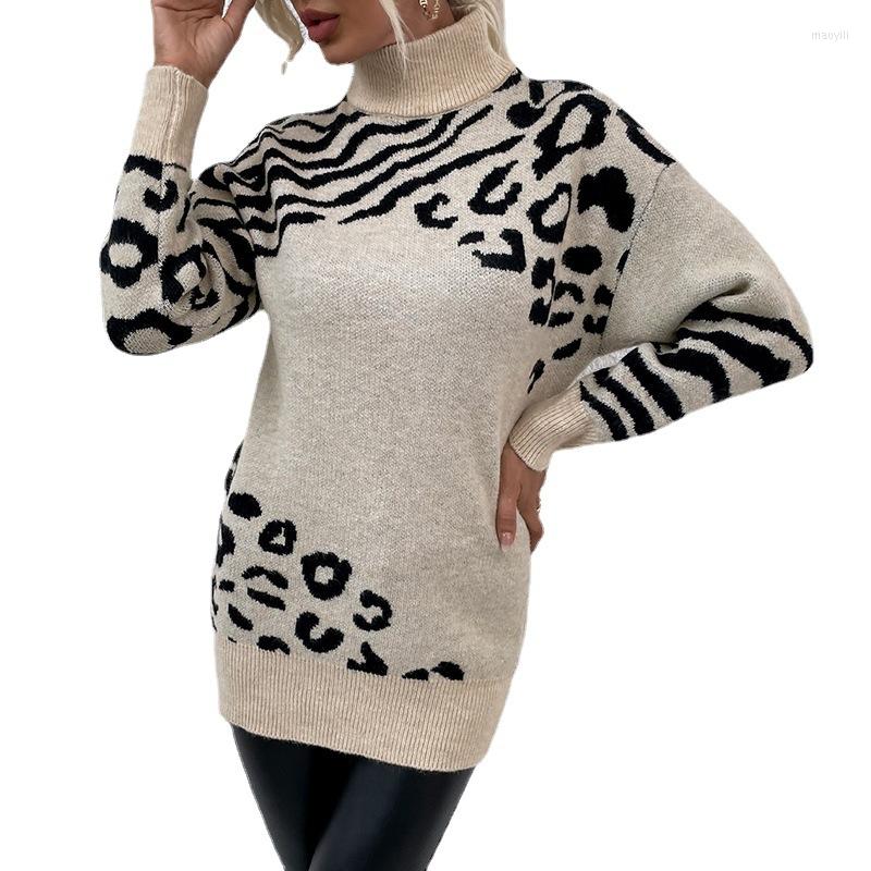 

Women' Sweaters Autumn And Winter High Neck Leopard Print Sweater Dress, Gray