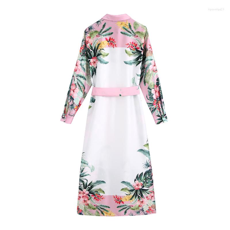 

Casual Dresses Elegant A Line Midi Dress With Belt Women Vintage Printed Long Sleeve Shirt Turn Down Collar Office Wear, White