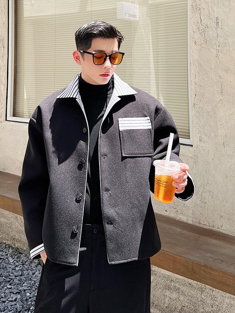 

Men's Jackets SYUHGFA Men's Wear 2022 Autumn Turn Down Collar Short Style Striped Loose Woolen Coat Korean Streetwear Single Breasted, Black