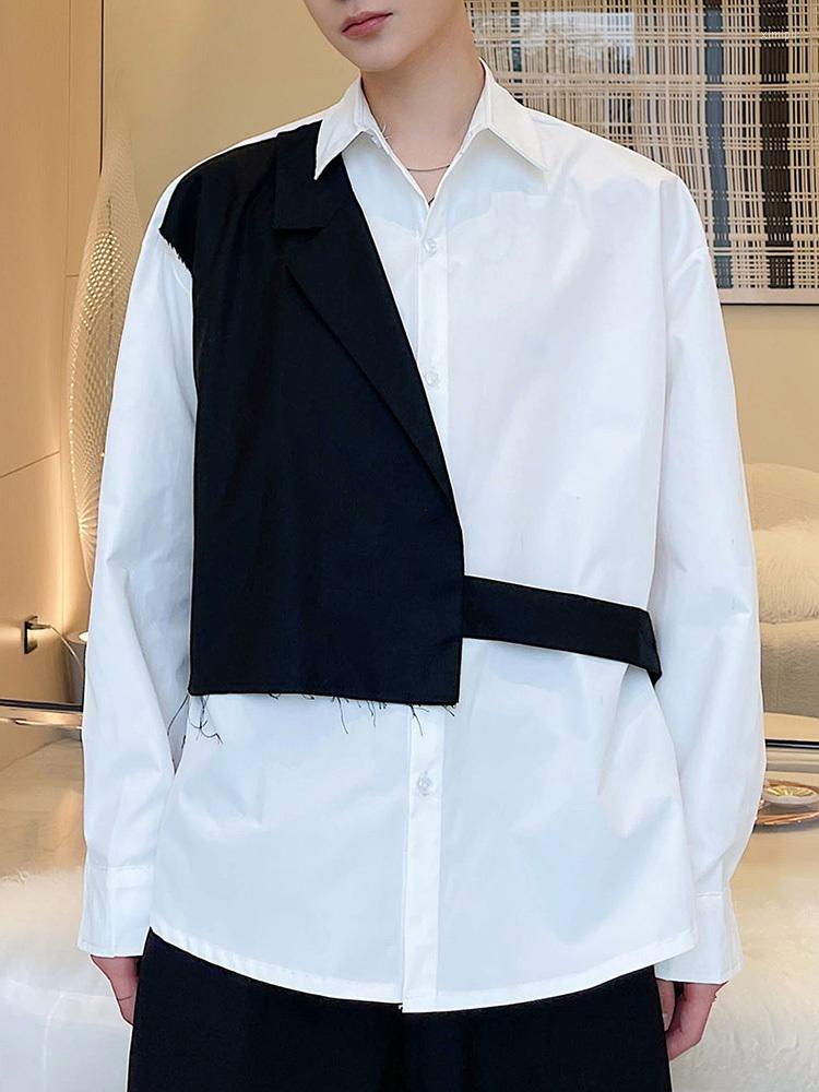 

Women's Blouses GVUW Fashion Woman 2022 Autumn Design Color Block Stitching Lapel Long Sleeve Loose Chic Shirt Top 20A5685, White