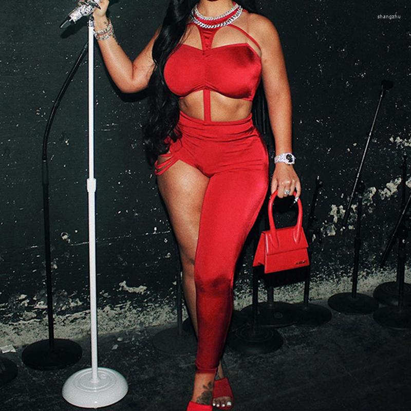 

Women' Two Piece Pants AVV High Street Night Club 2 Sets Asymmetrial Single Halter Long Romper Corset Top Sexy Backless Slim Party Outfits, Red
