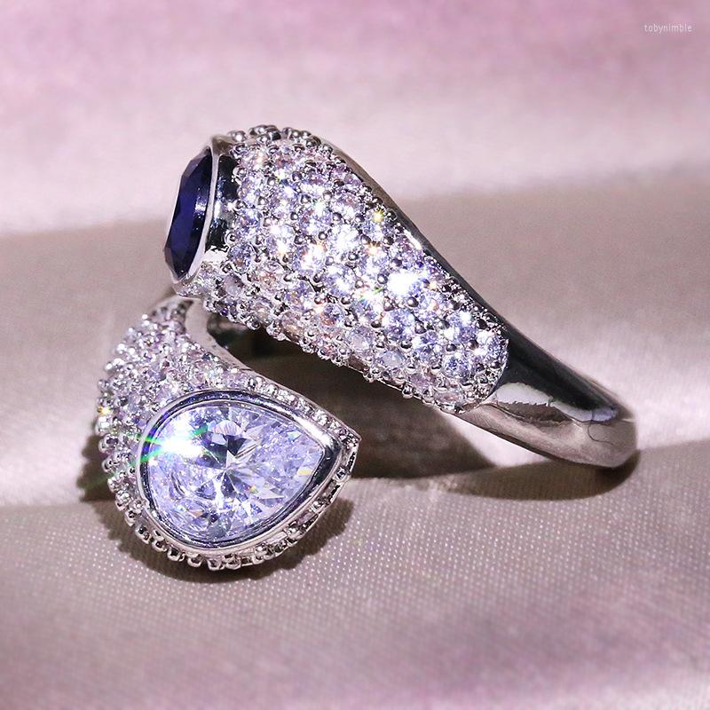 

Cluster Rings Exquisite Blue White Zircon Opening Adjustable Ladies Ring Can Be Used For Cocktail Party Jewelry 925 Silver