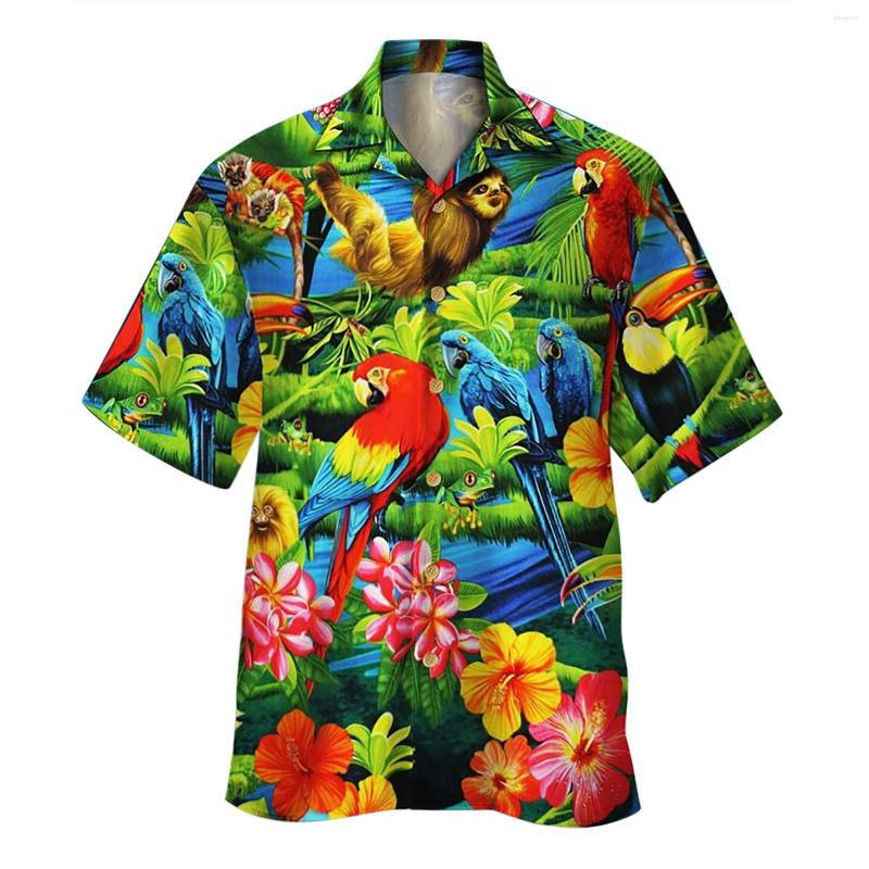 

Men's Casual Shirts Animal Parrot Print Patchwork Fashion Hawaiian Men Shirt Cool Turn Down Collar Short Sleeve Streetwear Beach Summer