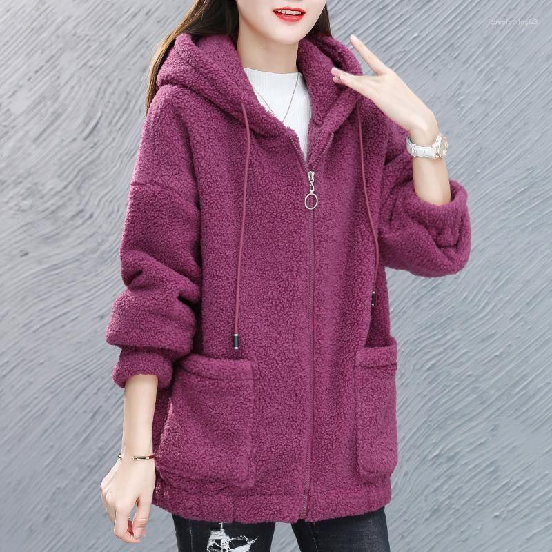 

Women's Fur Hooded Lamb Cashmere Sweater Coat Womens 2022 Spring Autumn Loose Korean Zipper Cardigan Thickened Wool Woman, Brown