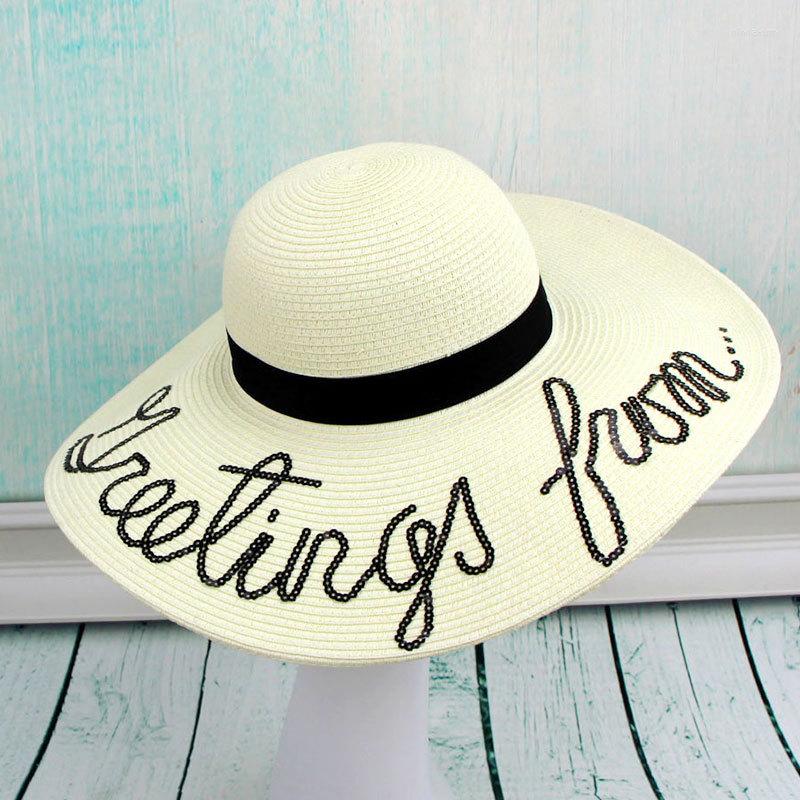 

Berets Women Floppy Hat Straw Sun Vacation Beach For Outdoor Emboridery Sequin Letter
