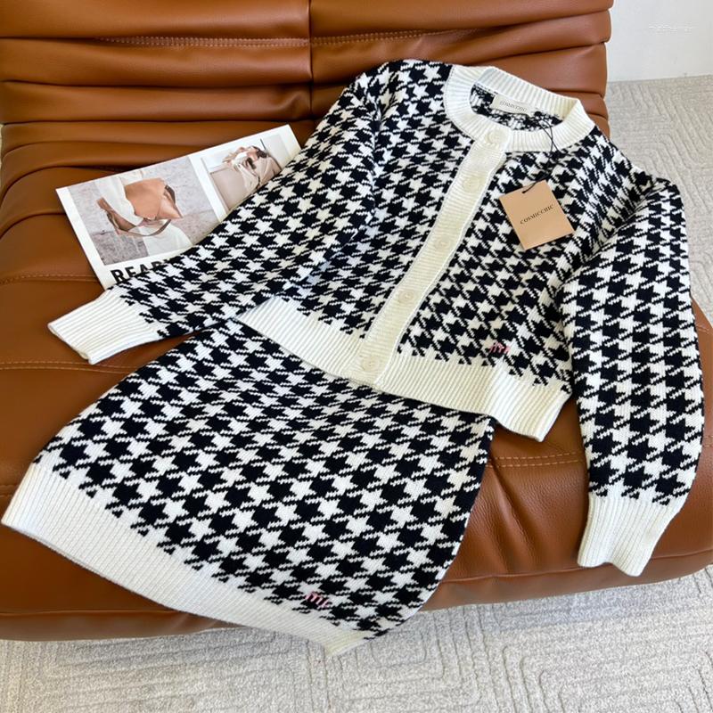 

Work Dresses 2022 Fashion Dress Suit Women Single Breasted Cardigan And Slip Pink Letter Embroidered Elegant Houndstooth Knitting Sets, As show