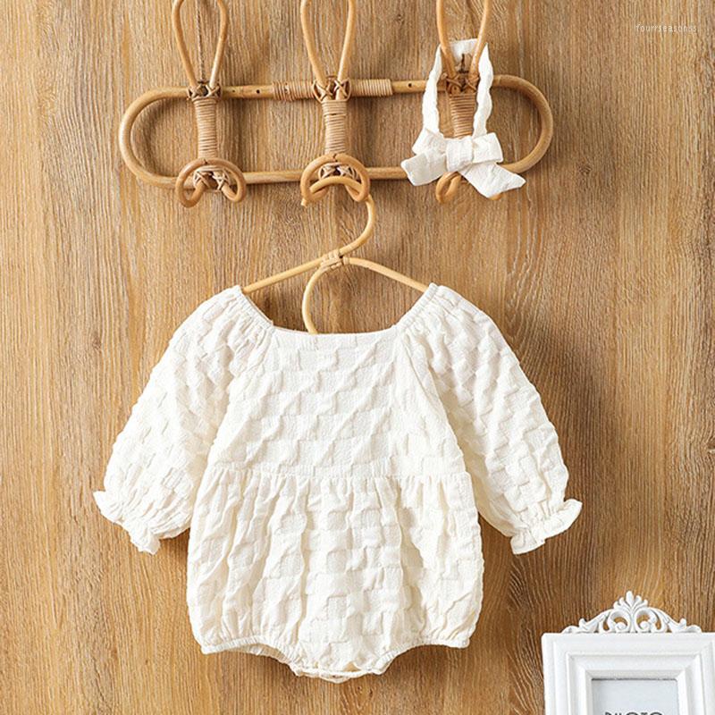 

Rompers Korean Style Baby Girls Bodysuits Hair Band Cotton Long Sleeve Solid Color Born Jumpsuit Spring Autumn Clothes, Y0141 pink bib