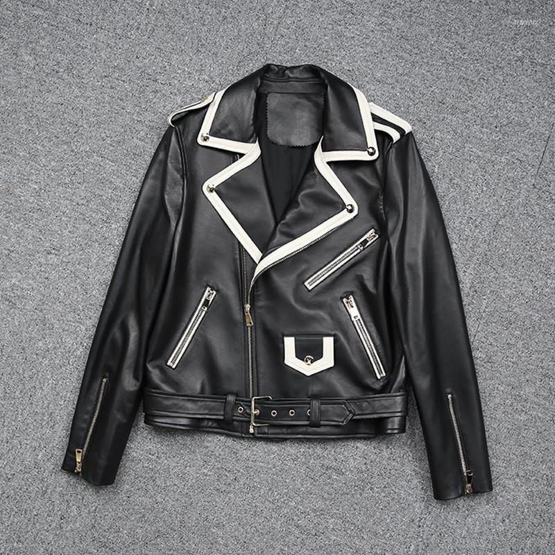 

Women's Leather 2022 Spring Arrival Women Black And White Contrast Casual Short Genuine Sheepskin Jacket Coat