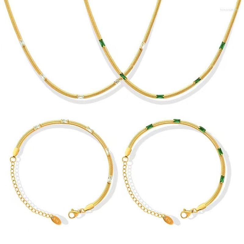 

Necklace Earrings Set Trendy 316L Stainless Steel Premium Snake Piece Chain White Green Zircon Inlaid Bracelet Ladies Jewelry, Picture shown