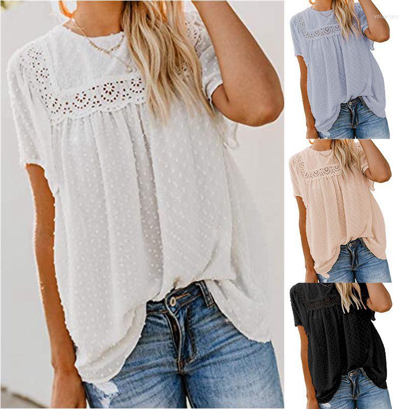 

Women' T Shirts 2022 Women Tshirt Summer Loose Casual Round Neck Lace White Crochet Pompom Short Sleeve Shirt Top Oversized Women