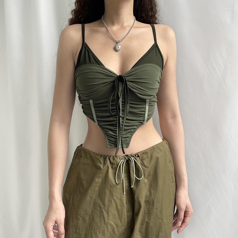 

Women' Tanks Crop Top Women Mesh Patchwork Chest Wrapping Asymmetric Sexy Vest Fashion Designer Drawstring Slim-Fit Girl Y2k Camis, Army green
