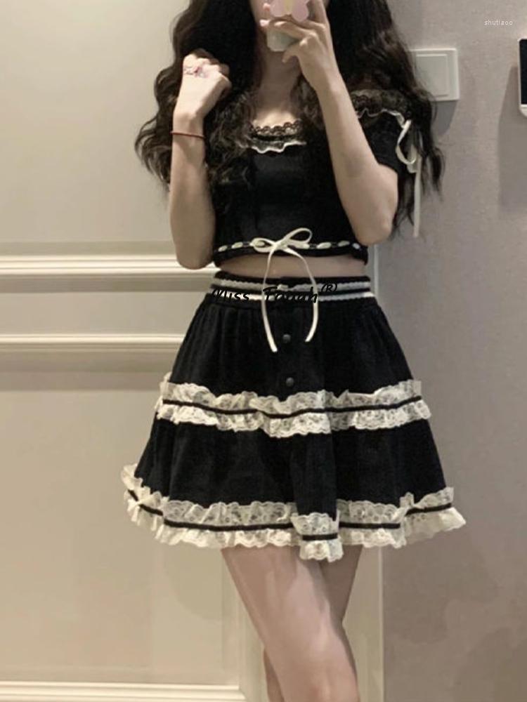 

Work Dresses Summer Lolita Two Piece Mini Skirt Set Women Lace Casual Kawaii Gothic Suit Female Korean Fashion Sexy Designer Cuit 2022, Tops