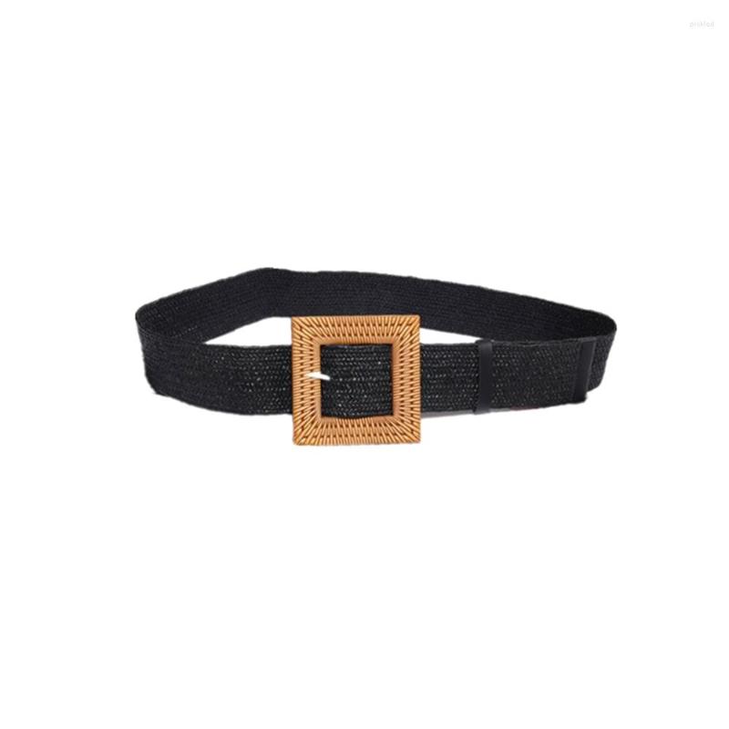 

Belts Straw Leisure Super Wide And Durable Belt Female Woven Vintage Carved Wooden Buckle Stretch Decorative Dress Shirt Girdle, Black