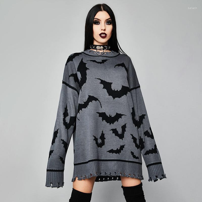

Women's Sweaters Vintage Goth Bat Long Grey Sweater Harajuku Gothic Oversized Pullover Grunge Punk Sleeve Hole, Deep grey