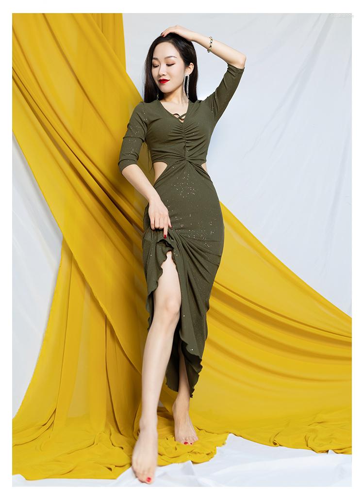 

Stage Wear Women Belly Dance Training Performance Suit One-piece Long Dress Oriental Fishtail Jumpsuits Cotton Sequins Robe Set LM118, See chart