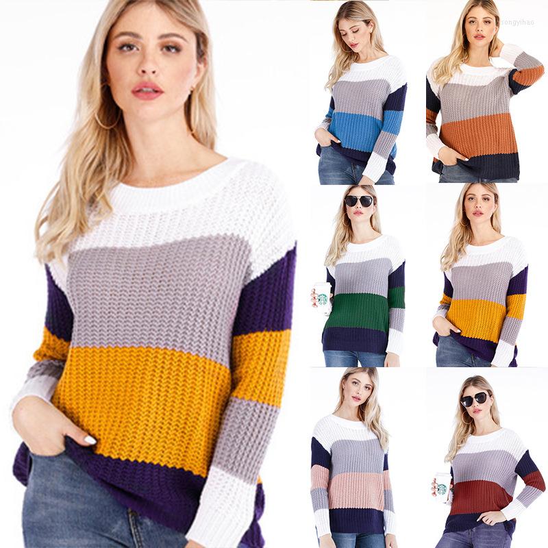 

Women's Sweaters Casual Striped Sweater Women Patchwork Pullover Loose Knitted O Neck Jumper Vintage Long Sleeve Pull Femme 2022, Pink