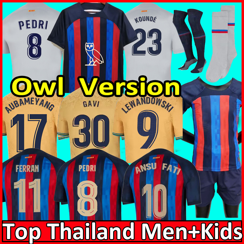 

22 23 LEWANDOWSKI OWL soccer jerseys MEMPHIS BARCA camiseta de futbol AUBA PEDRI ANSU FATI COUTINHO F.DE JONG DEST GAVI ADAMA BarcelonaS football shirts men kids kit, 23 home+u c l