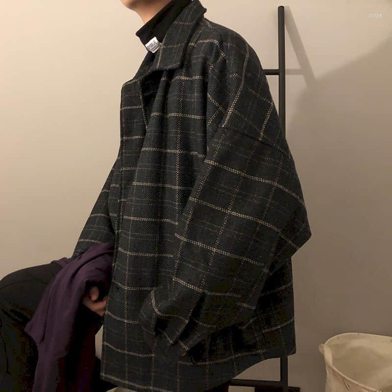 

Men's Jackets High Street Plaid Jacket Men's Autumn And Winter Thickening Korean Loose Student Hong Kong Style Chic Retro Temperament, Dark blue