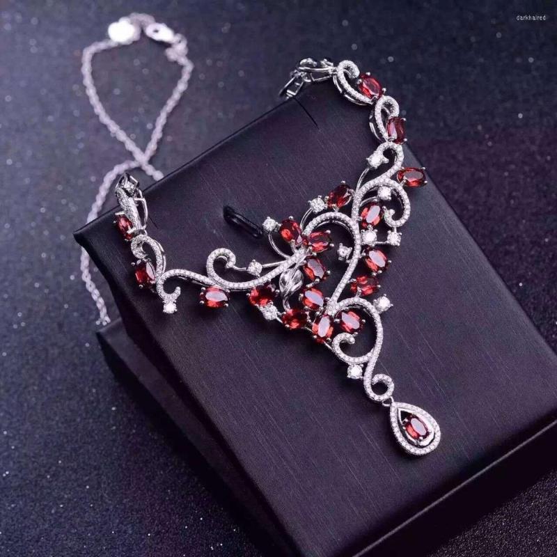 

Chains Natural Red Garnet Necklace Gemstone Pendant S925 Silver Trendy Big Luxurious Flowers Women Party Jewelry