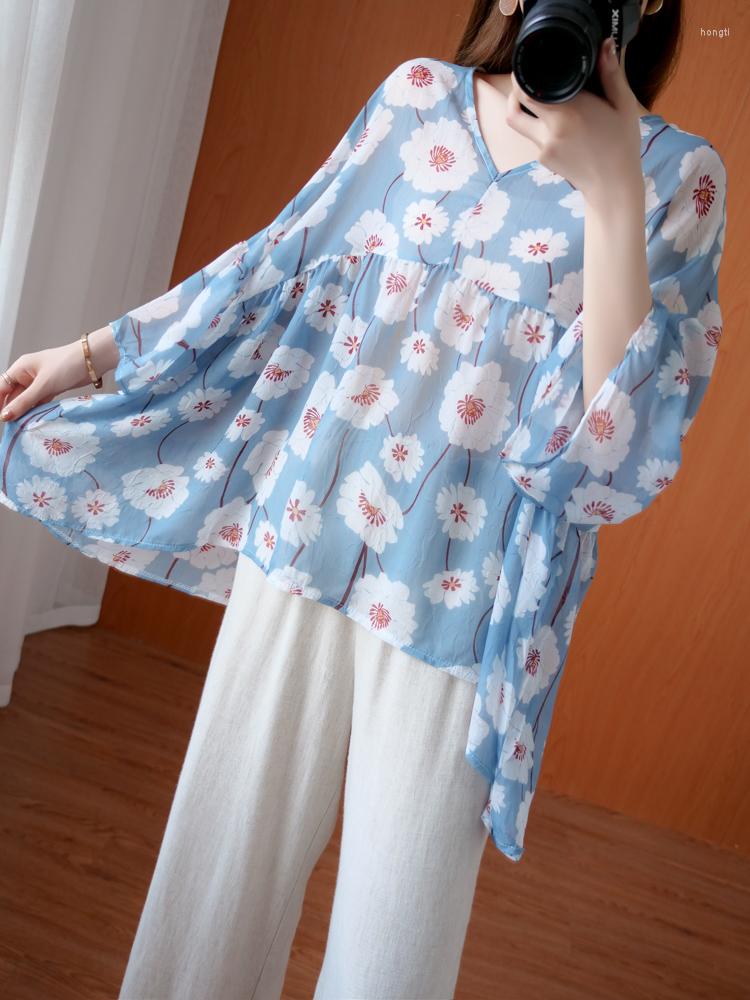 

Women's Blouses Light Blue Fresh Floral V-Neck Female Chiffon Shirts Summer Long Flare Sleeve Irregular Loose Women Sweet Women's Shirt