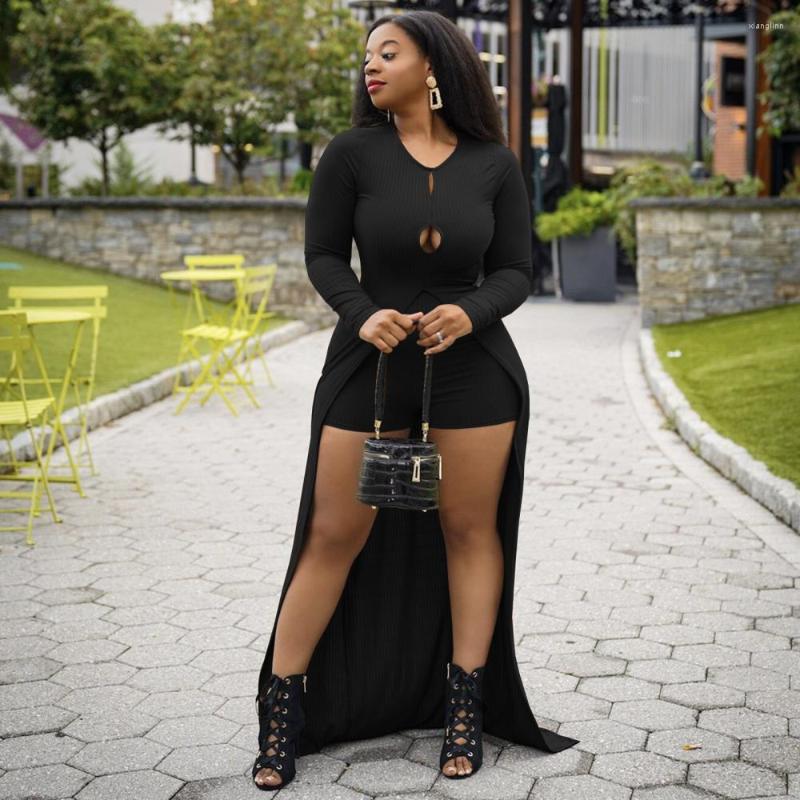 

Women' Tracksuits Pullover Full Sleeve Plus Long Tops Round Neck Hollowed Out Floor Length Top And Mini Shorts 2pcs High Stretchy Rib Knit, Black