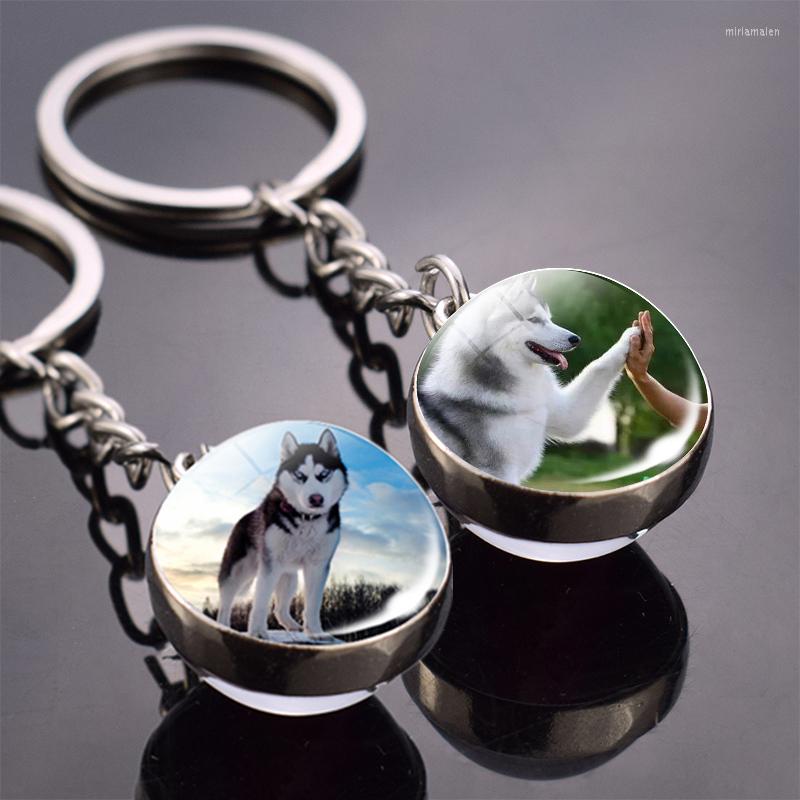 

Keychains Animal Key Chain Siberian Husky Ring Double Side Glass Ball Keychain Dog Keyring Animals Jewelry