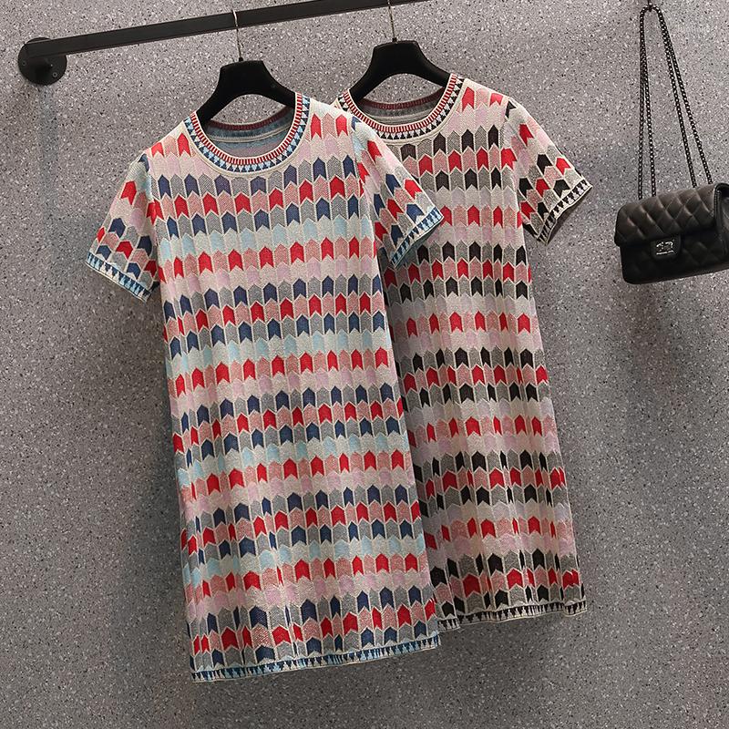 

Party Dresses Summer Vintage Fashion Women Elegant Geometry Pattern Straight Knit Dress O-neck Short Sleeve Pullover Knitwear, Black