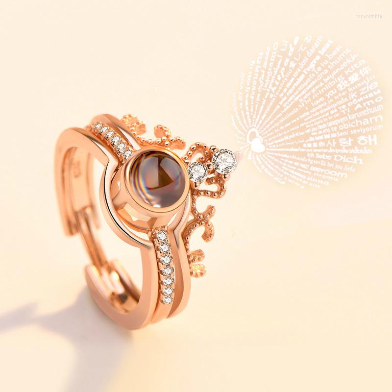 

Wedding Rings S925 Sterling Silver 100 Languages I Love You Memory Projection Crown Ring 2 In 1 Rose Gold Women Girls Gift