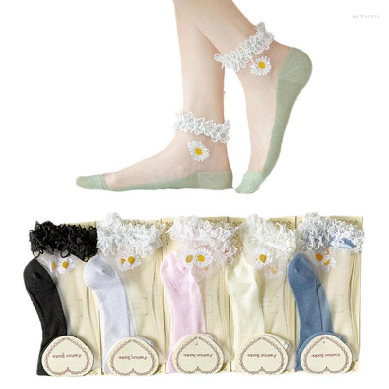 

Women Socks For Summer Ultra-thin Transparent Cass Glass Fiber Silk Fashion Flower Japan Ankle