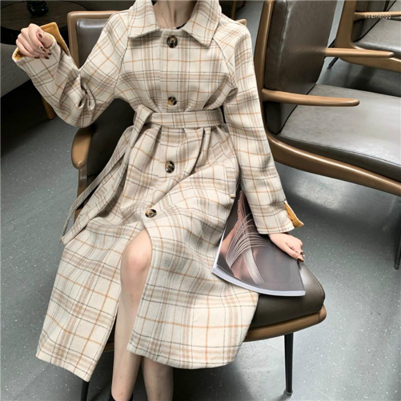Femmes laine femmes mélanges femmes automne hiver Plaid Long manteau manches raglan a-ligne taille haute pardessus col rabattu mince