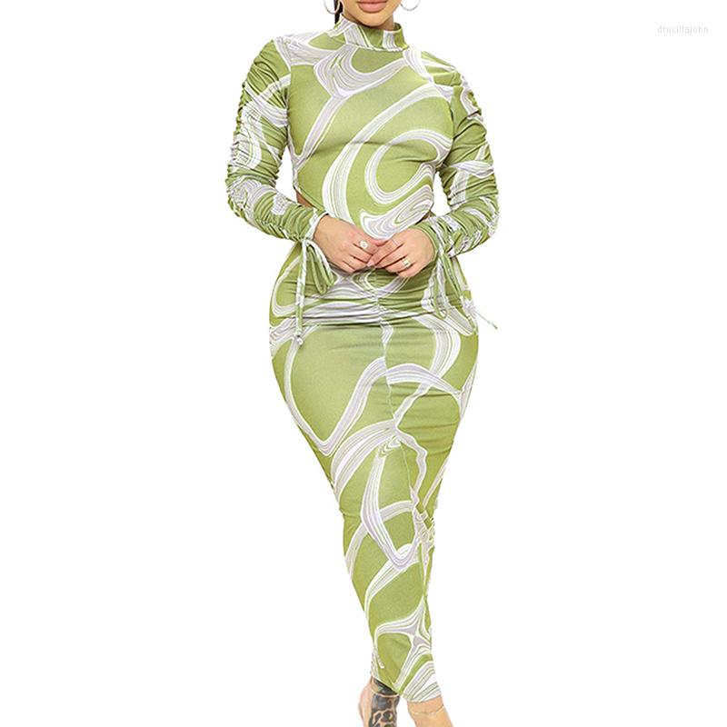 

Work Dresses Women Sexy Two-piece Clothes Set Green Irregular Printed Pattern High Neck Long Sleeve Pullover Bodycon Dress